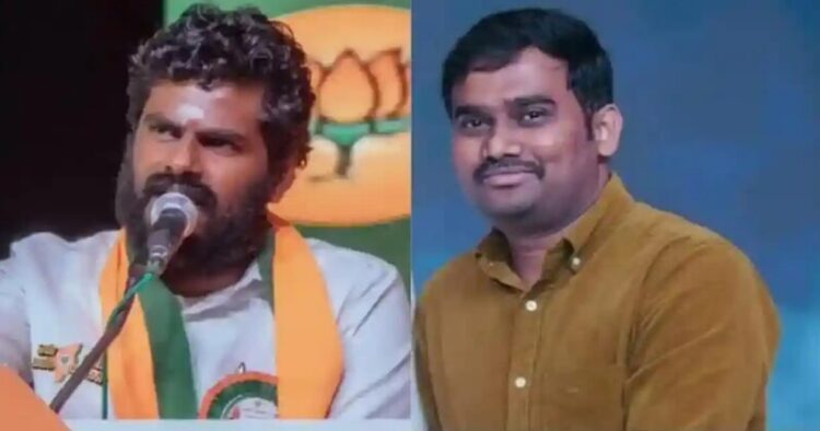 (Left) Tamil Nadu BJP President K Annamalai (Right) Drug peddler and DMK functionary Jaffer Sadiq