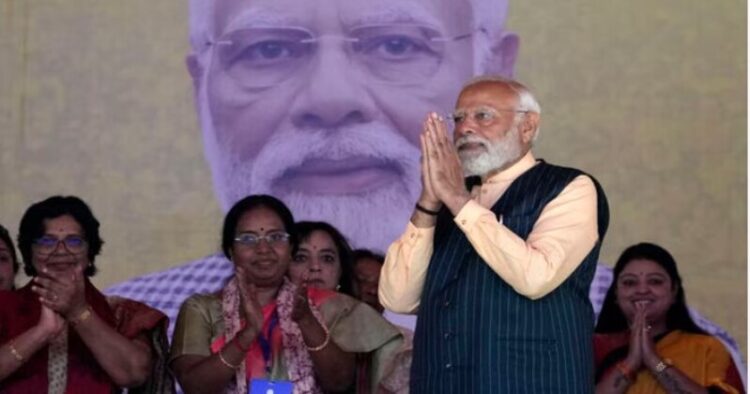 PM Narendra Modi during the 'Nari Shakti Vandan Abhinandan' programme, at Barasat in North 24 Parganas district, Wednesday, March 6, 2024
