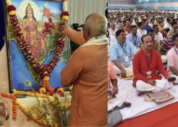 (Right) RSS' Dr Mohan Bhagwat ji and Dattatreya ji worshipping Bharat Mata (Right)  Swayamsevaks sitting at the Pratinidhi Sabha