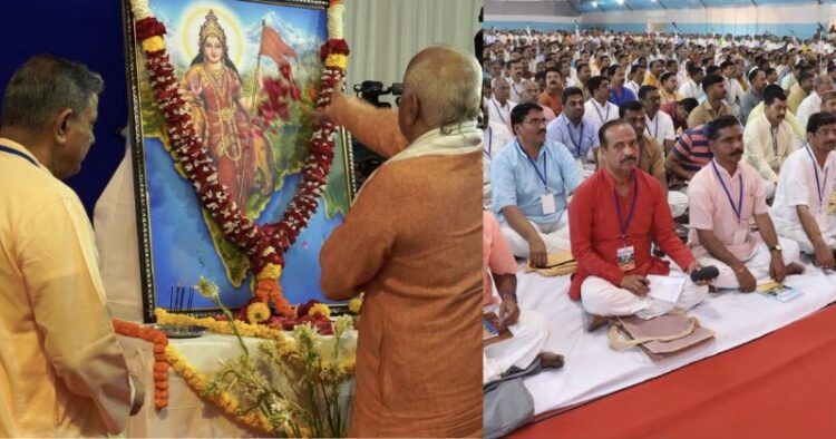 (Right) RSS' Dr Mohan Bhagwat ji and Dattatreya ji worshipping Bharat Mata (Right)  Swayamsevaks sitting at the Pratinidhi Sabha