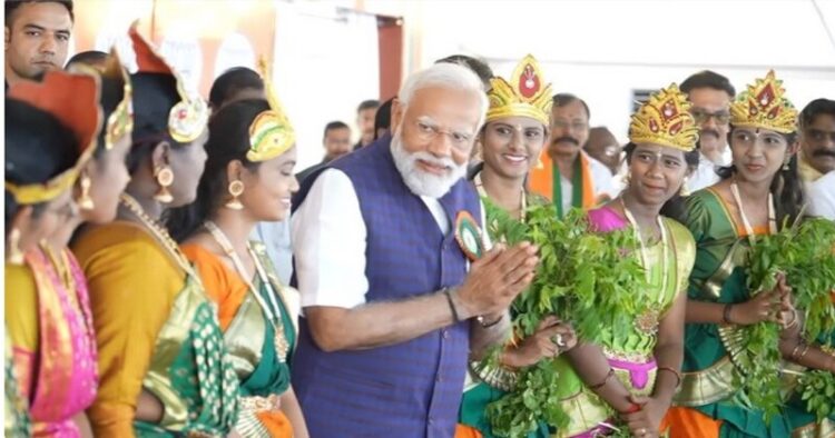 PM Modi greets the 11 Shakti Amma at a rally in Tamil Nadu