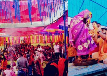 Villagers gathered in the Gharwapsi event- left, Prabal Judev washing feet of one of the returnees-right