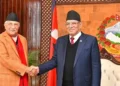 CPN- UML chairman KP Sharma Oli (Left), Nepal PM Pushpa Kumar Dahal (Right)