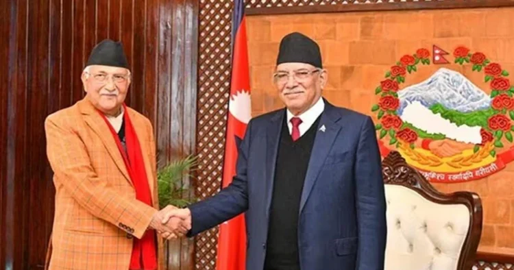 CPN- UML chairman KP Sharma Oli (Left), Nepal PM Pushpa Kumar Dahal (Right)