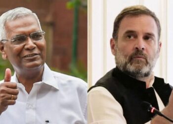 (Left) Communist Party of India (CPI) D Raja (Right) Congress leader Rahul Gandhi