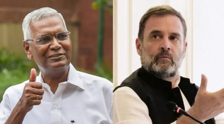 (Left) Communist Party of India (CPI) D Raja (Right) Congress leader Rahul Gandhi
