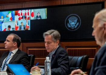 U.S. President Joe Biden and U.S. Secretary of State Antony Blinken attend a video meeting with G7 leaders to discuss the Iranian attack on Israel at the White House in Washington, U.S. (Image: Reuters)