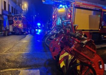 Fire Tender parked outside the building where the explosion occured in Paris