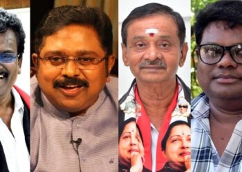 Theni Lok Sabha constituency candidates (from left) Thanga Tamilselvan (DMK), T.T.V. Dhinakaran (AMMK), V.T. Narayanasamy (AIADMK) and J. Madhan (NTK). File photos | Photo Credit: The Hindu