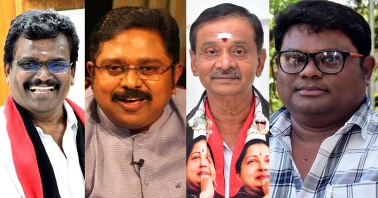 Theni Lok Sabha constituency candidates (from left) Thanga Tamilselvan (DMK), T.T.V. Dhinakaran (AMMK), V.T. Narayanasamy (AIADMK) and J. Madhan (NTK). File photos | Photo Credit: The Hindu
