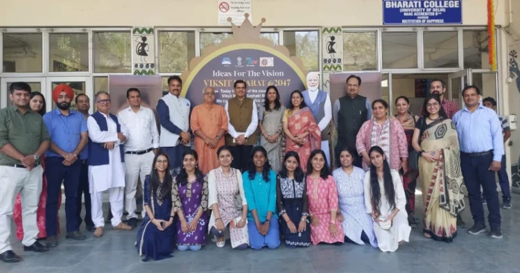 Participants at an event by Swadeshi Shodh Sansthan (SSS), in collaboration with Bharti College, University of Delhi, one-day seminar titled "Bharat@2047: Inspiration for World Economies"