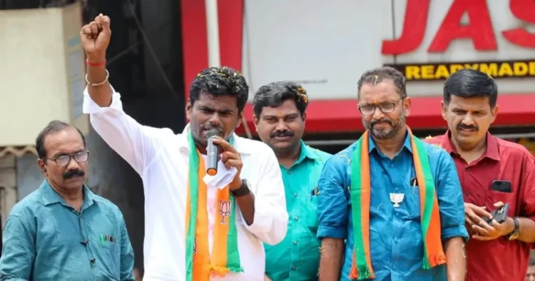 BJP leaders K Annamalai and K Surendran addressing an election meeting in Mananthavadi, Wayanad, Kerala