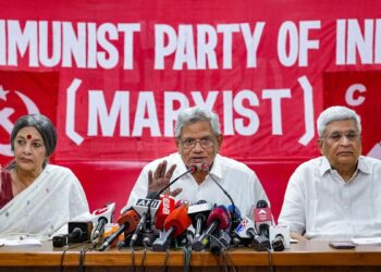 CPI(M) General Secretary Sitaram Yechury with Polit Bureau members Prakash Karat and Brinda Karat released the manifesto for coming LS Polls (image Source: ABP News)