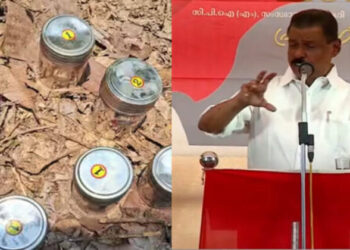 Seized bombs (Left) and  CPM State Secretary M V Govindan (Right)