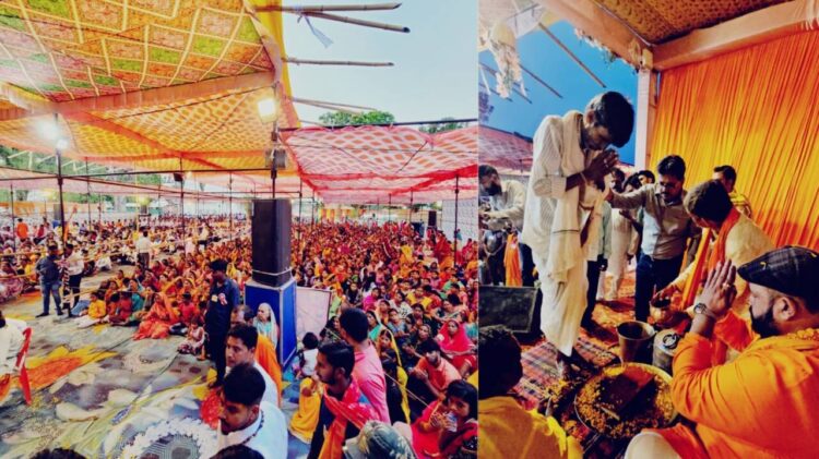Left- Devotees during Ram Katha, right a villager while reuniting with the Sanatan fold