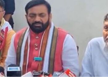 Haryana CM Nayab Saini (in the centre) addressing the press conference