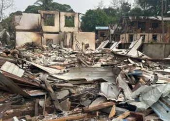 The monastery destroyed by a Burmese military airstrike on March 31, 2024 in Papun, Karen state, Myanmar (Source: The new Indian Express)