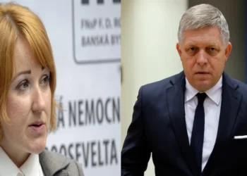 Hospital director Miriam Lapunikova (Left), Slovakia's Prime Minister Robert Fico (Right)