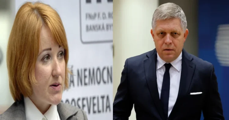 Hospital director Miriam Lapunikova (Left), Slovakia's Prime Minister Robert Fico (Right)