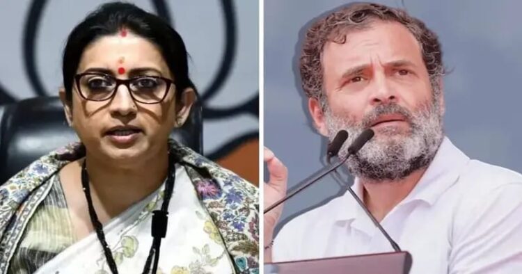 BJP leader and Union Minister for Women and Child Development Smriti Irani (Left) and Congress leader Rahul Gandhi (Right)