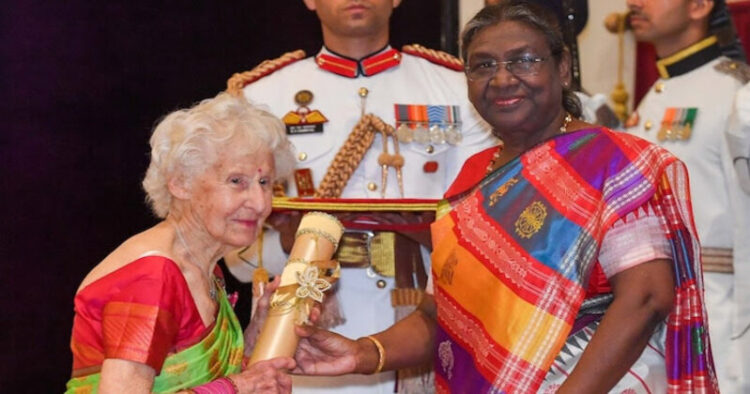 President Droupadi Murmu presenting the Padma Shri Award to Charlotte Chopin