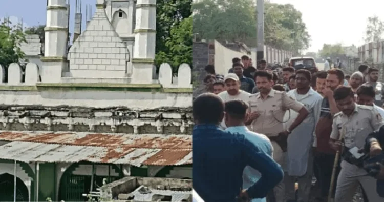 The mosque (Left) and Police talking to the two communities (Right)