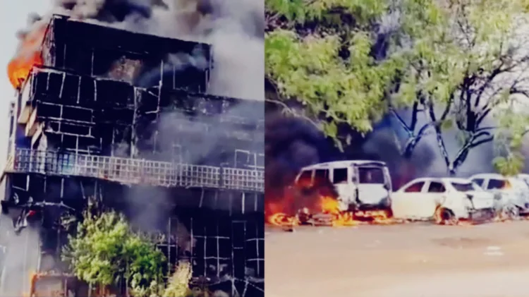 Collector's office building -left, vehicles torched outside the premises -right