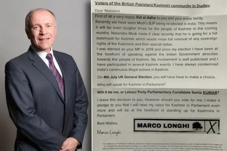British Conservative Party Leader Marco Longhi with his leaflet.