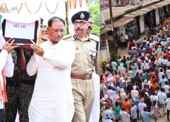 Chhattisgarh's CM and Dy CM shouldering coffin of martyred soldier Nitesh Ekka -left, Image Source X