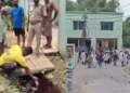 (Left)Blood seen in the drains (Right) Stones being pelted by the Islamists (Image Source Video on X)