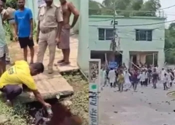 (Left)Blood seen in the drains (Right) Stones being pelted by the Islamists (Image Source Video on X)