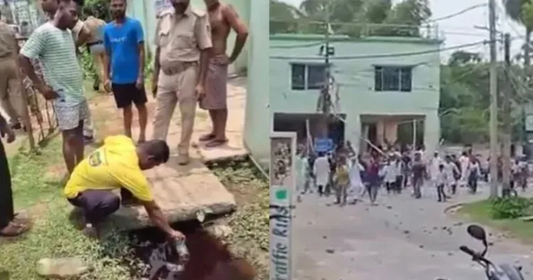 (Left)Blood seen in the drains (Right) Stones being pelted by the Islamists (Image Source Video on X)