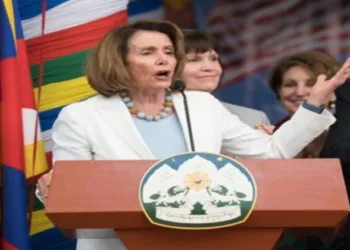 Former US House Speaker Nancy Peolsi speaking at the public reception for the bipartisan US Congressional Delegation at the Tsuglagkhang courtyard in Dharamsala, Himachal Pradesh