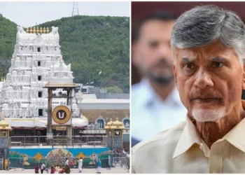 Tirupathi Balaji Temple (Left) and Andhra Pradesh Chief Minister Chandrababu Naidu (Right)