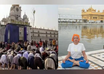 Muslims perform Namaz outside Sri Darbar Sahib (L) and Archana Makwana performing Yoga outside Golden Temple (R) (Image Source: Facebook and X respectively)