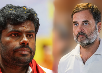 (Left) K Annamalai (Right) Congress leader Rahul Gandhi