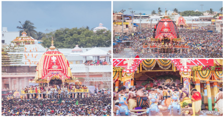 Chariots of Bhagwan Jagannath, Balabhadra, and Devi Subhadra arrive at Shri Gundicha Temple