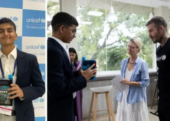 (Left) Nikhil Lemos who developed Meditel (Right) Lemos with Footballer David Beckham