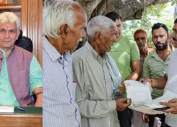 (Left) Lieutenant Governor Manoj Sinha (Right) Villagers being given papers by officials