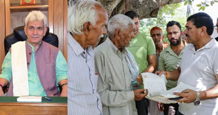 (Left) Lieutenant Governor Manoj Sinha (Right) Villagers being given papers by officials