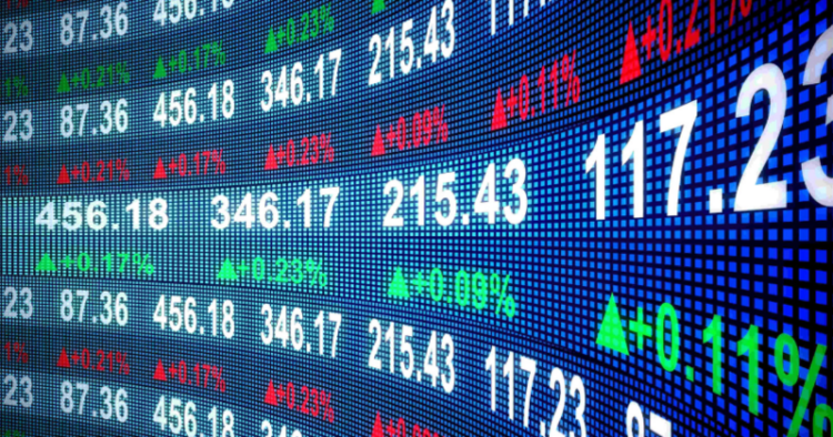 An electronic screen showing the prices of shares