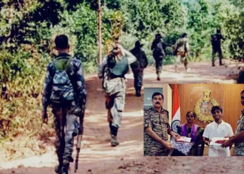 Security forces during an operation, Inset- Surrendered Maoist commanders with officials