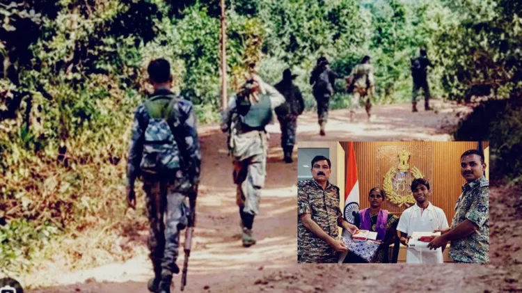 Security forces during an operation, Inset- Surrendered Maoist commanders with officials