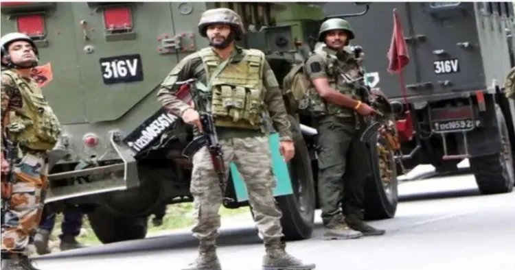 Armed security personnel standing in front of the vehicle