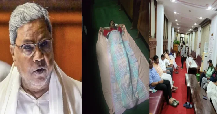 Karnataka CM Siddaramaiah (Left), BJP holds night-long sit-in protest at Karnataka Assembly (Right)