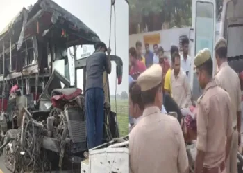 Double-decker sleeper bus collided with a milk container on the Lucknow-Agra Expressway in Unnao, Uttar Pradesh (Source: ANI)