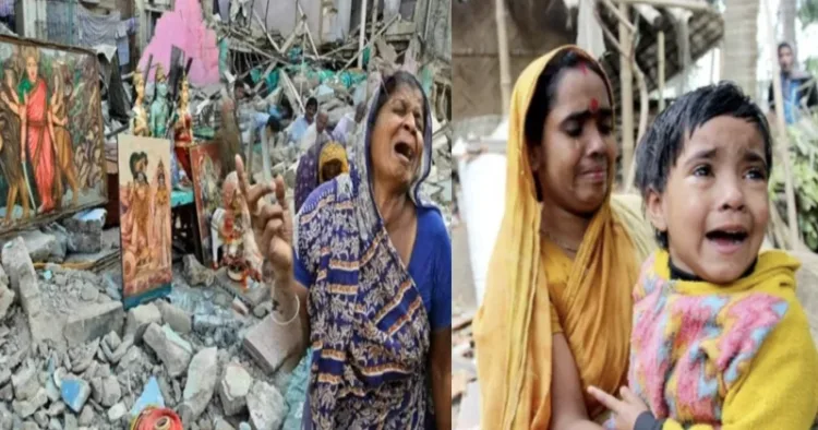 A Hindu woman is crying in front of her demolished house and temple in Dhaka (Left), Hindu families in Bangladesh have no food and houses being Vandalised (Right)