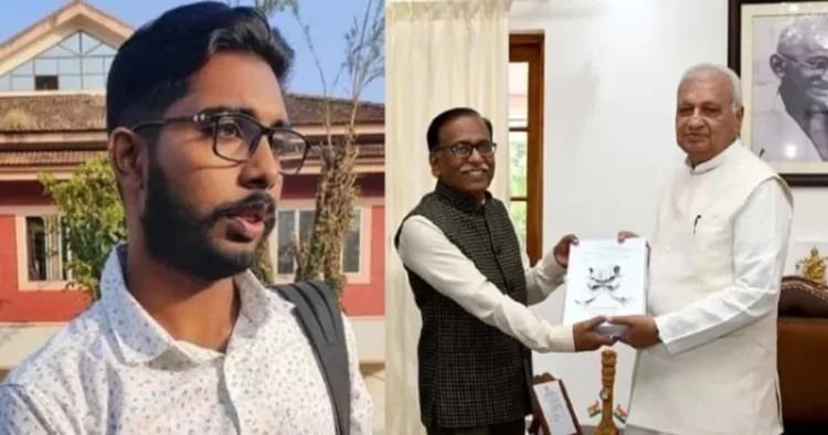 J S Sidharthan (Left) and Justice A Hariprasad presents the Judicial Commission report to the Governor Dr Arif Mohammed Khan (Right)