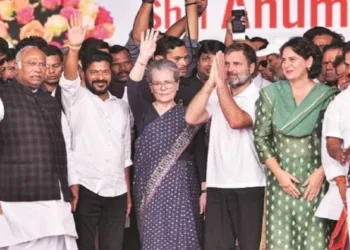 Telangana Chief Minister Anumula Revanth Reddy (Second From Left) flanked by Congress President Mallikarjun Kharge (Left), and party leaders Sonia Gandhi, Rahul Gandhi, and Priyanka Gandhi Vadra during his oath taking ceremony in Hyderabad