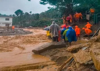 NDRF personnel conduct a rescue operation after huge landslides in the hilly areas near Meppadi, in Wayanad district